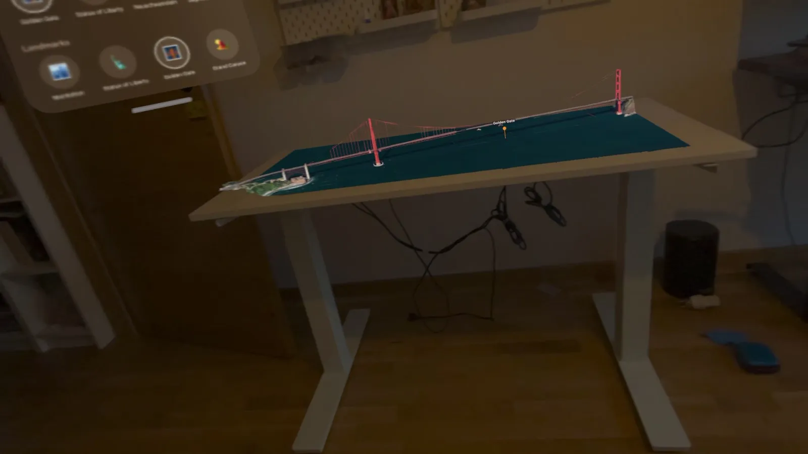 The Golden Gate Bridge across a desk